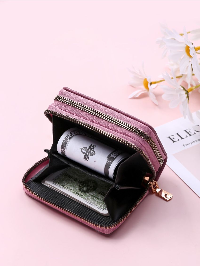 Litchi Embossed Zipper Around Card Holder