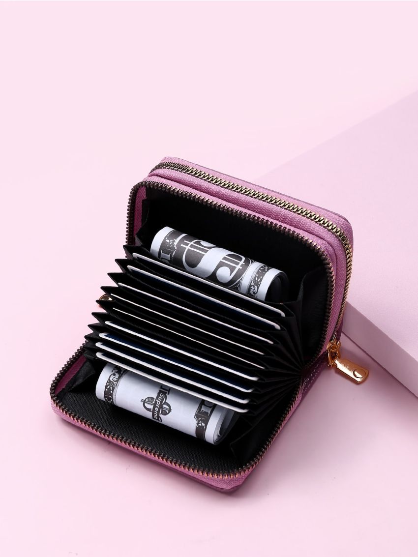 Litchi Embossed Zipper Around Card Holder