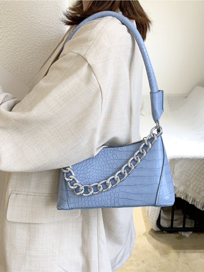 Chain Decor Croc Embossed Shoulder Bag