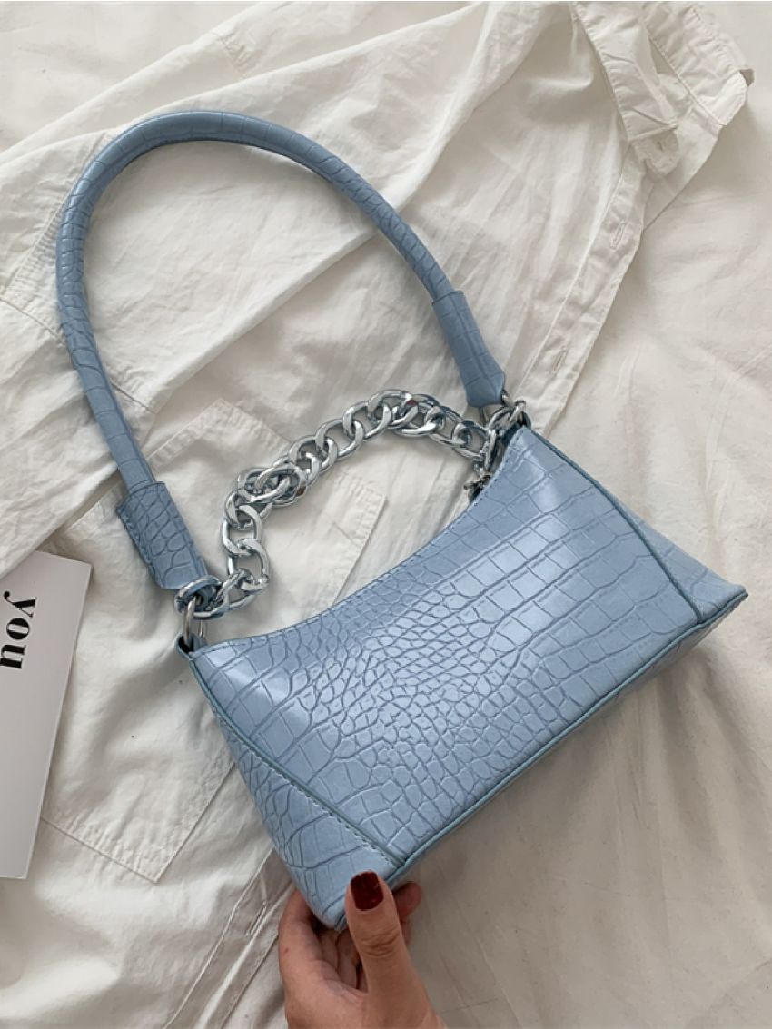 Chain Decor Croc Embossed Shoulder Bag