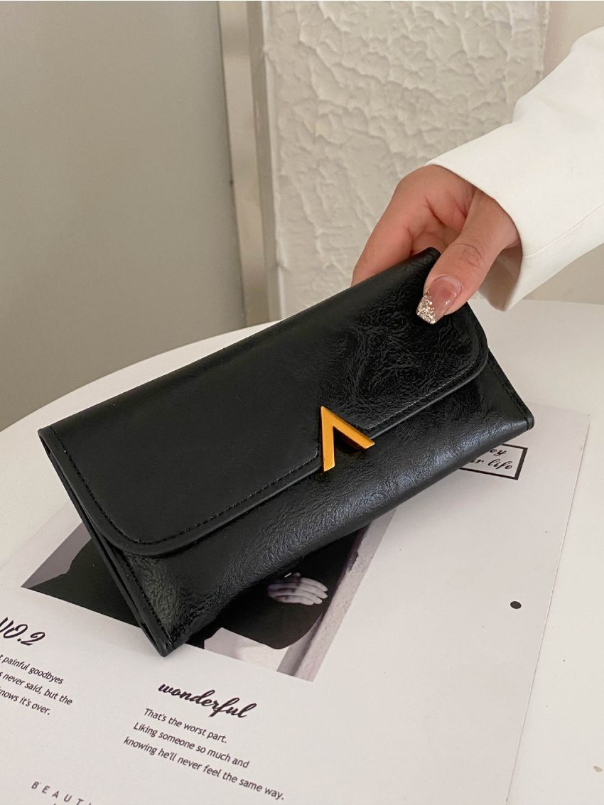 Metal Decor Tri-fold Long Wallet
