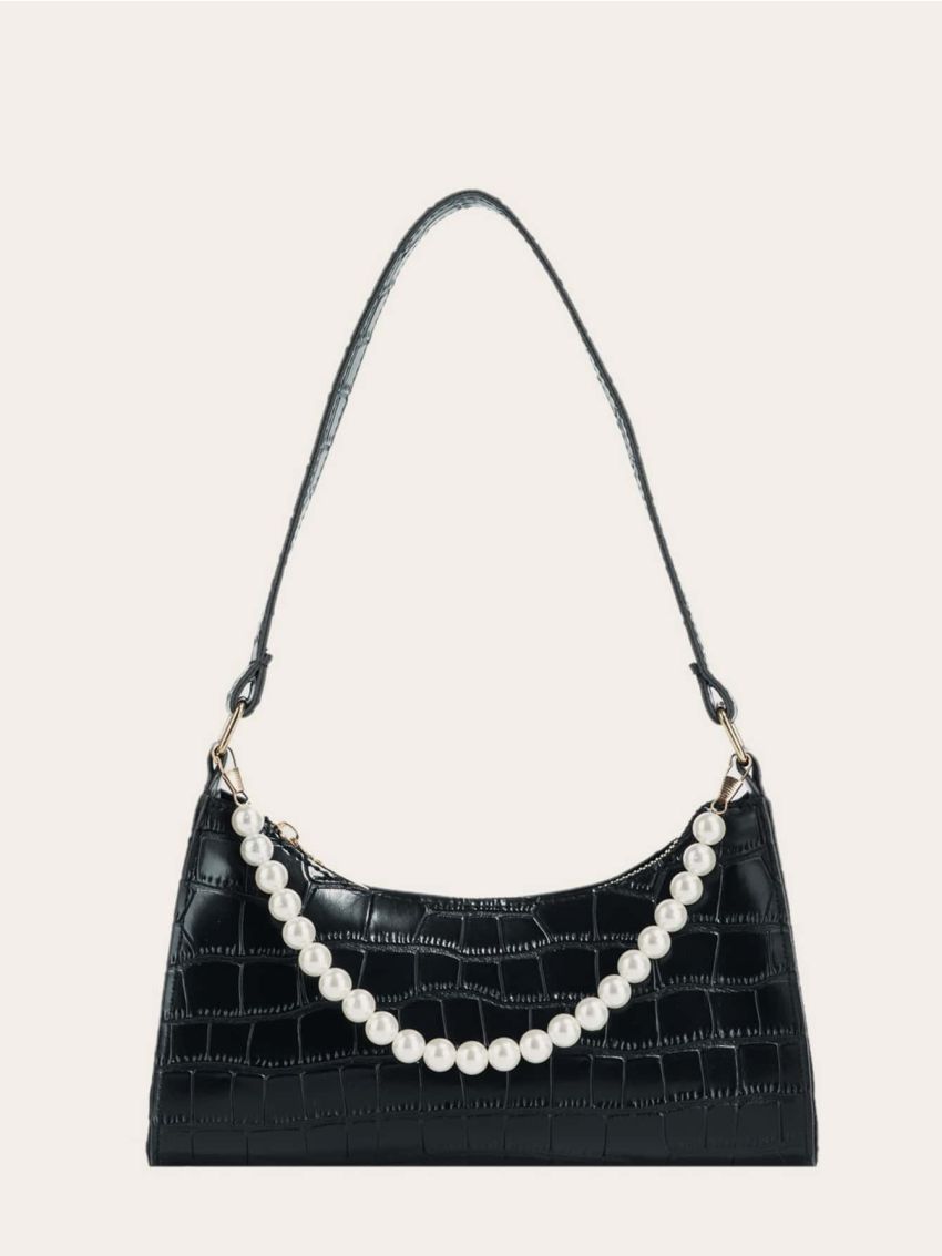 Faux Pearl Decor Croc Embossed Shoulder Bag