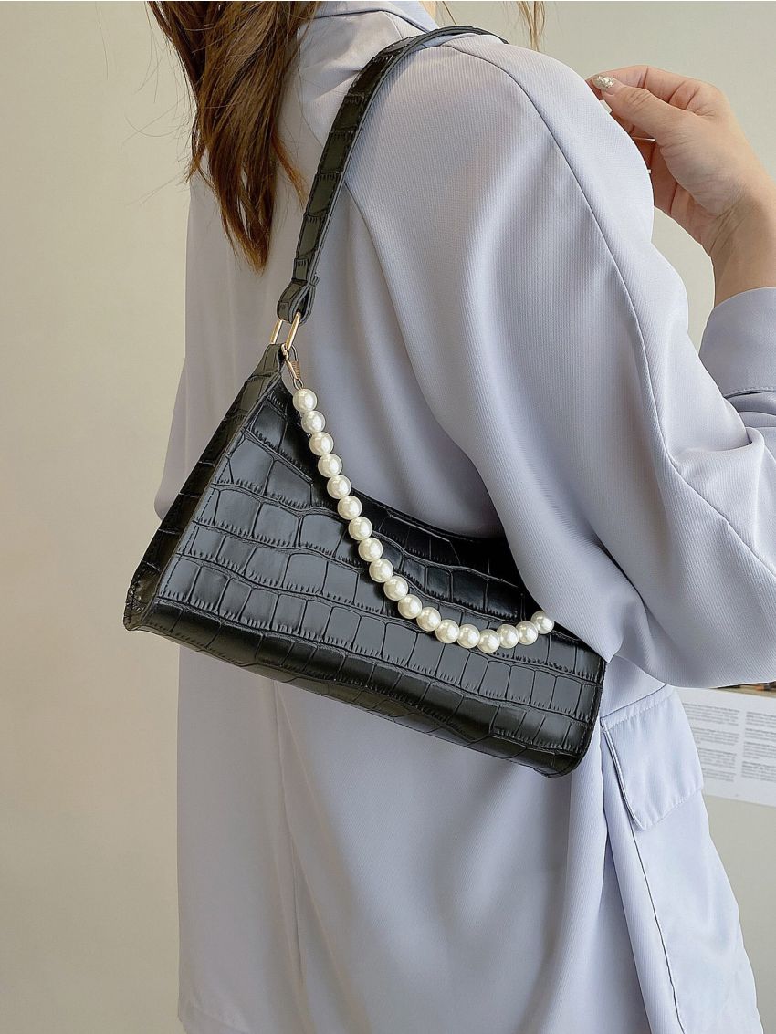 Faux Pearl Decor Croc Embossed Shoulder Bag
