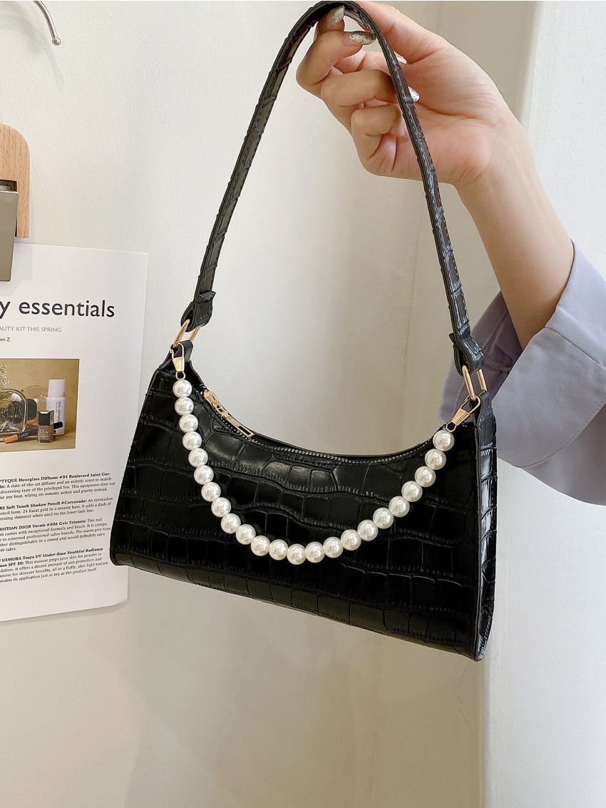 Faux Pearl Decor Croc Embossed Shoulder Bag