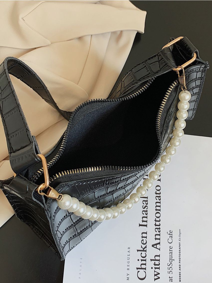 Faux Pearl Decor Croc Embossed Shoulder Bag
