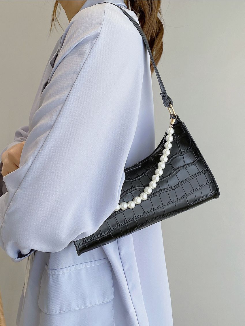 Faux Pearl Decor Croc Embossed Shoulder Bag