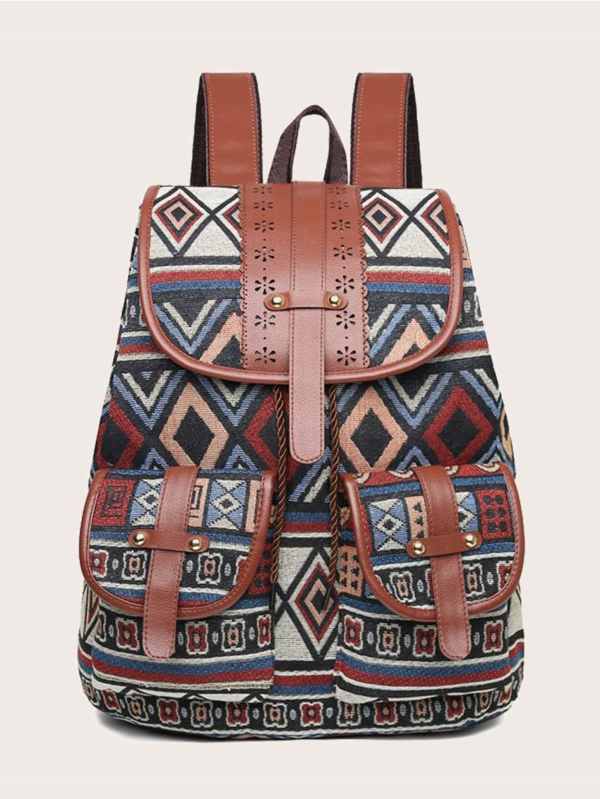 Pocket Front Geometric Pattern Flap Backpack