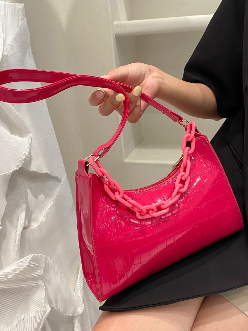 Minimalist Chain Decor Croc Embossed Baguette Bag