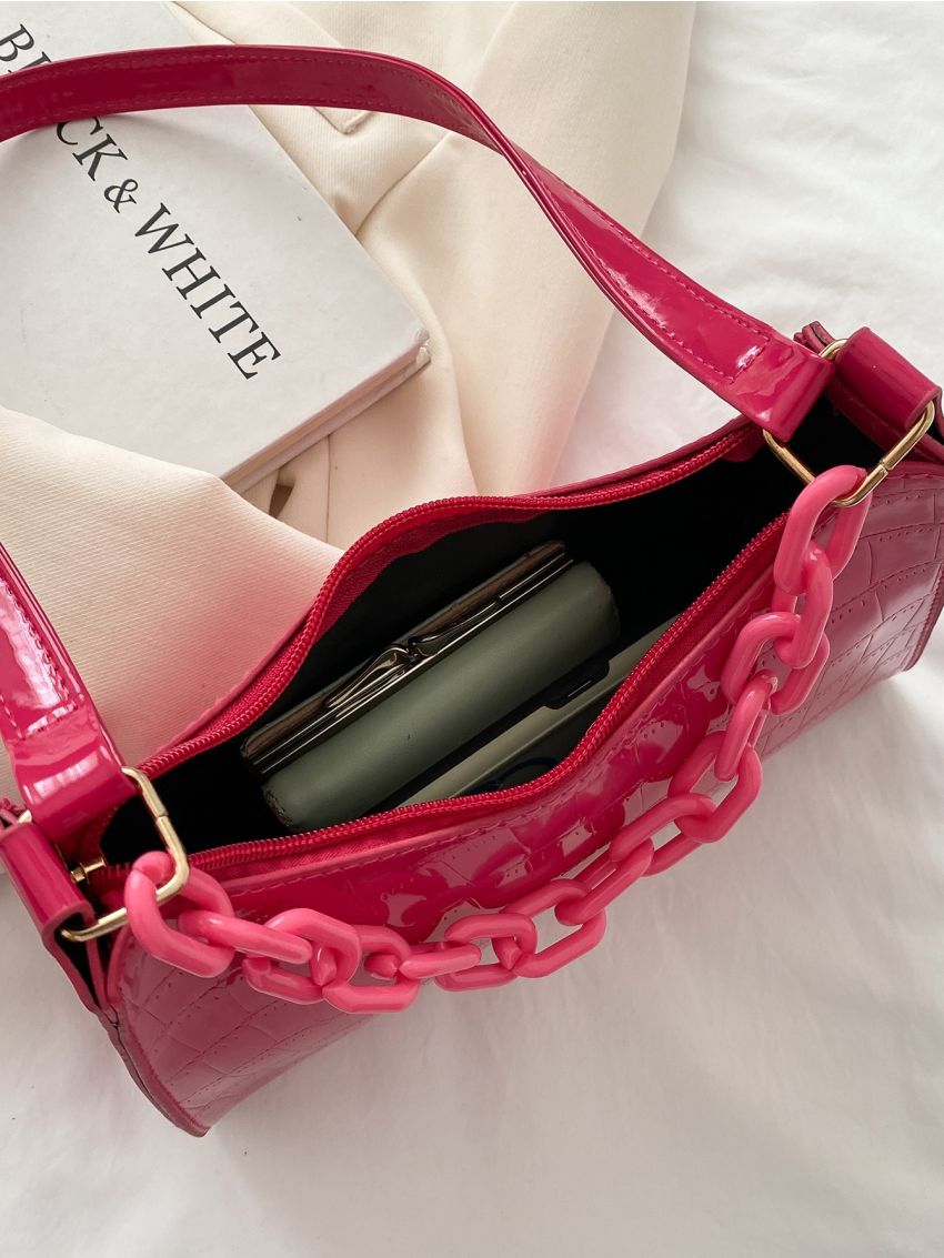 Minimalist Chain Decor Croc Embossed Baguette Bag