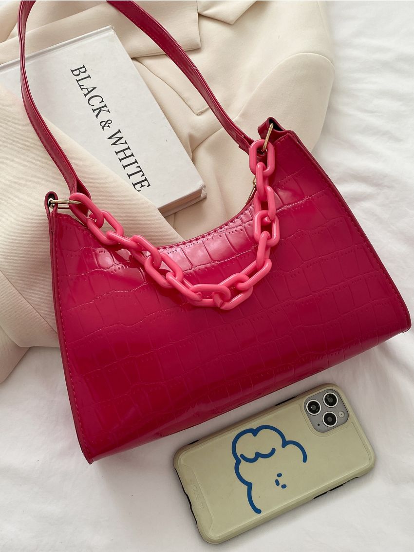 Minimalist Chain Decor Croc Embossed Baguette Bag
