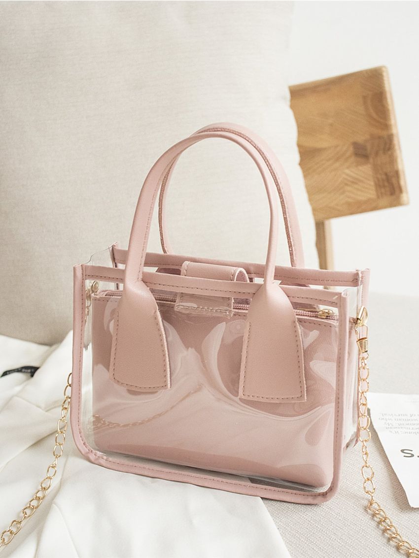 Mini Clear Double Handle Purse, Trendy Two-Way Handbag, Women's Chain Shoulder Bag Satchel Bag With Inner Pouch