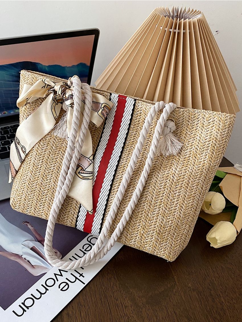 Scarf Decor Striped Pattern Straw Bag