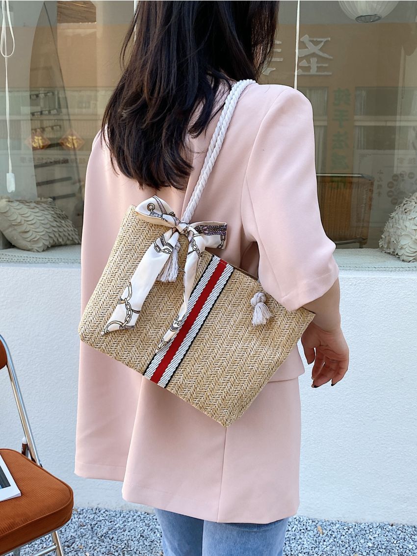 Scarf Decor Striped Pattern Straw Bag