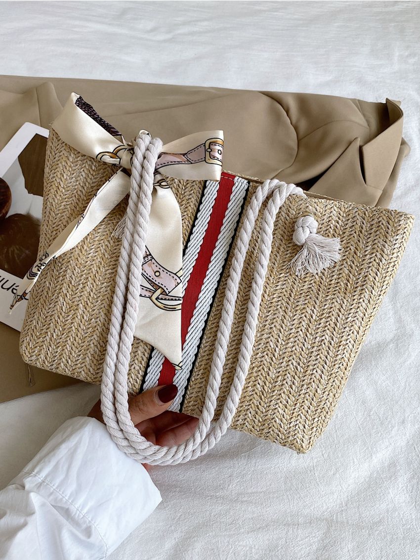 Scarf Decor Striped Pattern Straw Bag