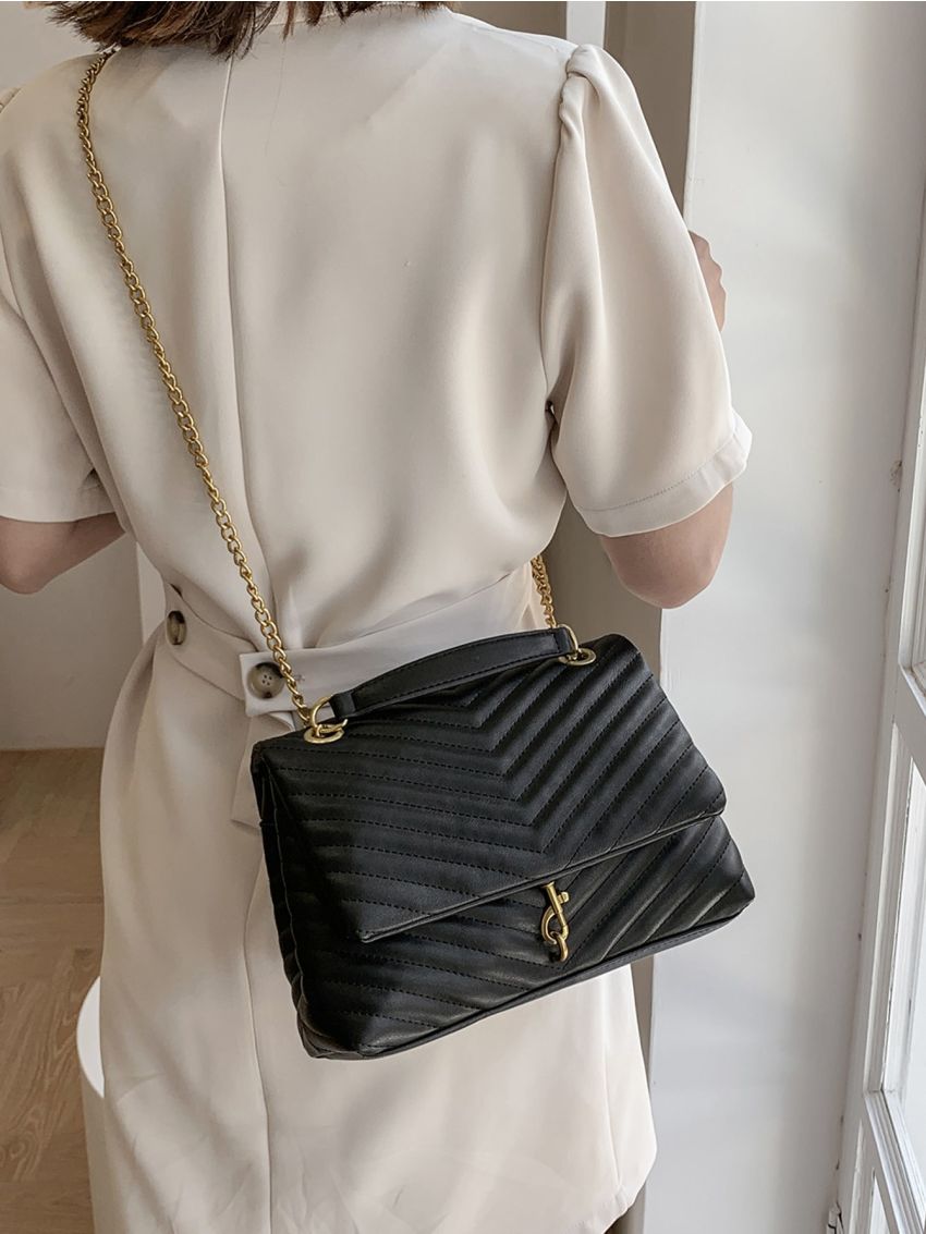 Minimalist Metal Decor Chevron Flap Square Bag