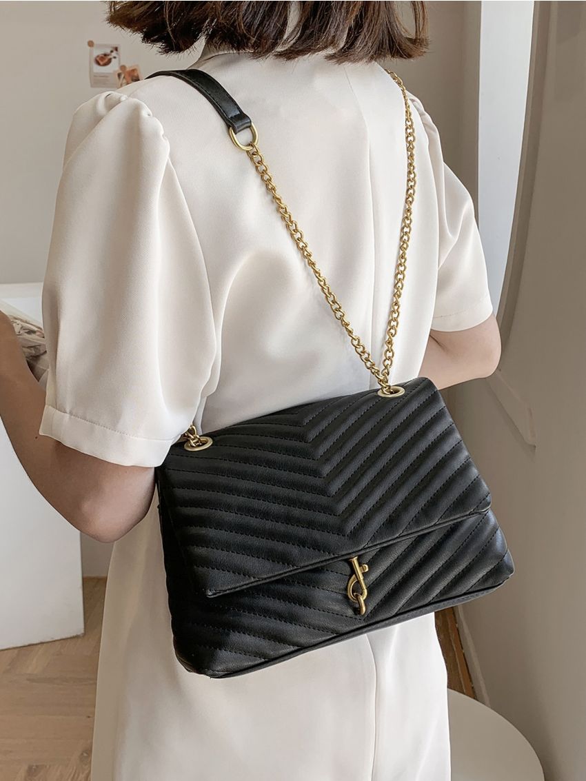 Minimalist Metal Decor Chevron Flap Square Bag