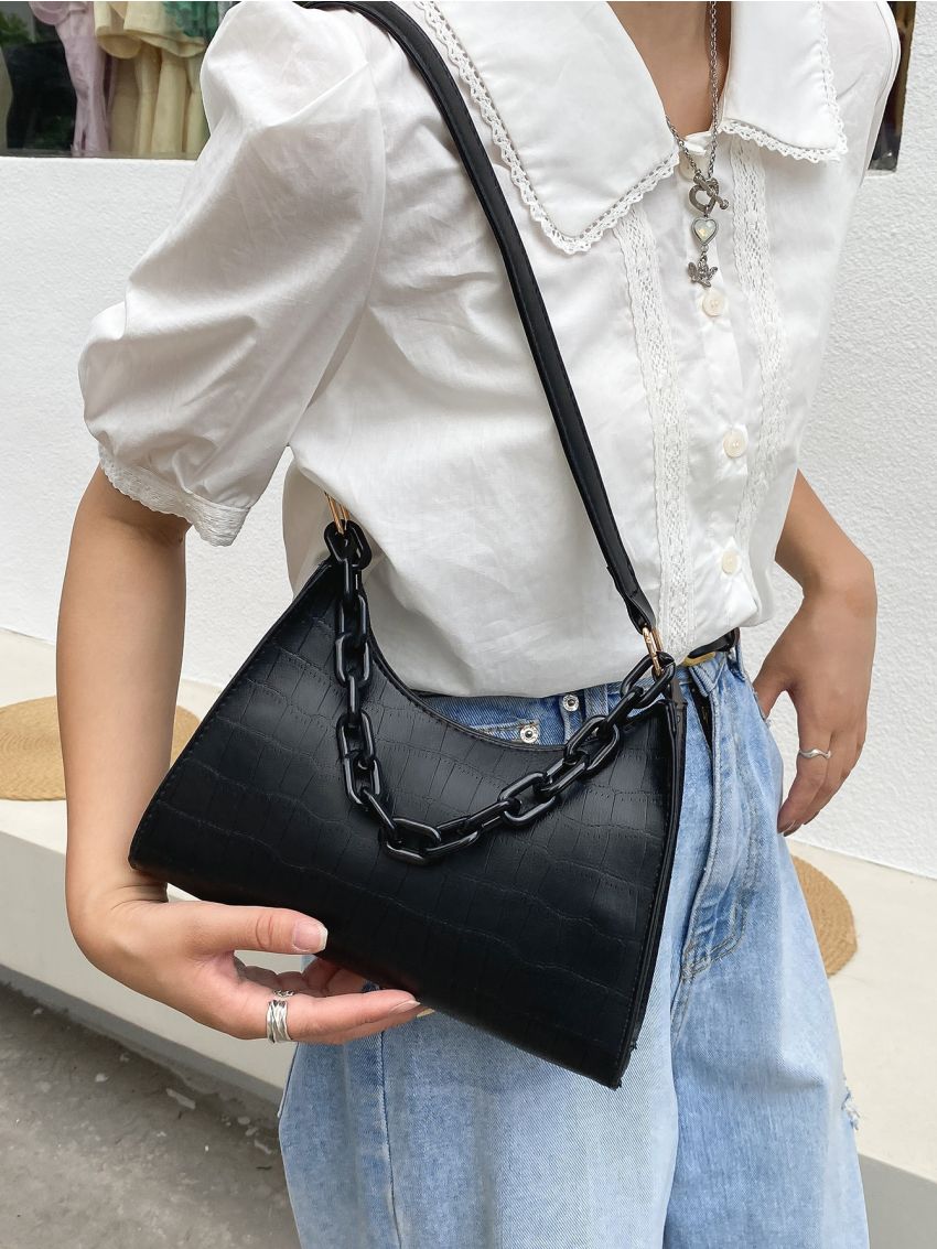Minimalist Chain Decor Croc Embossed Baguette Bag