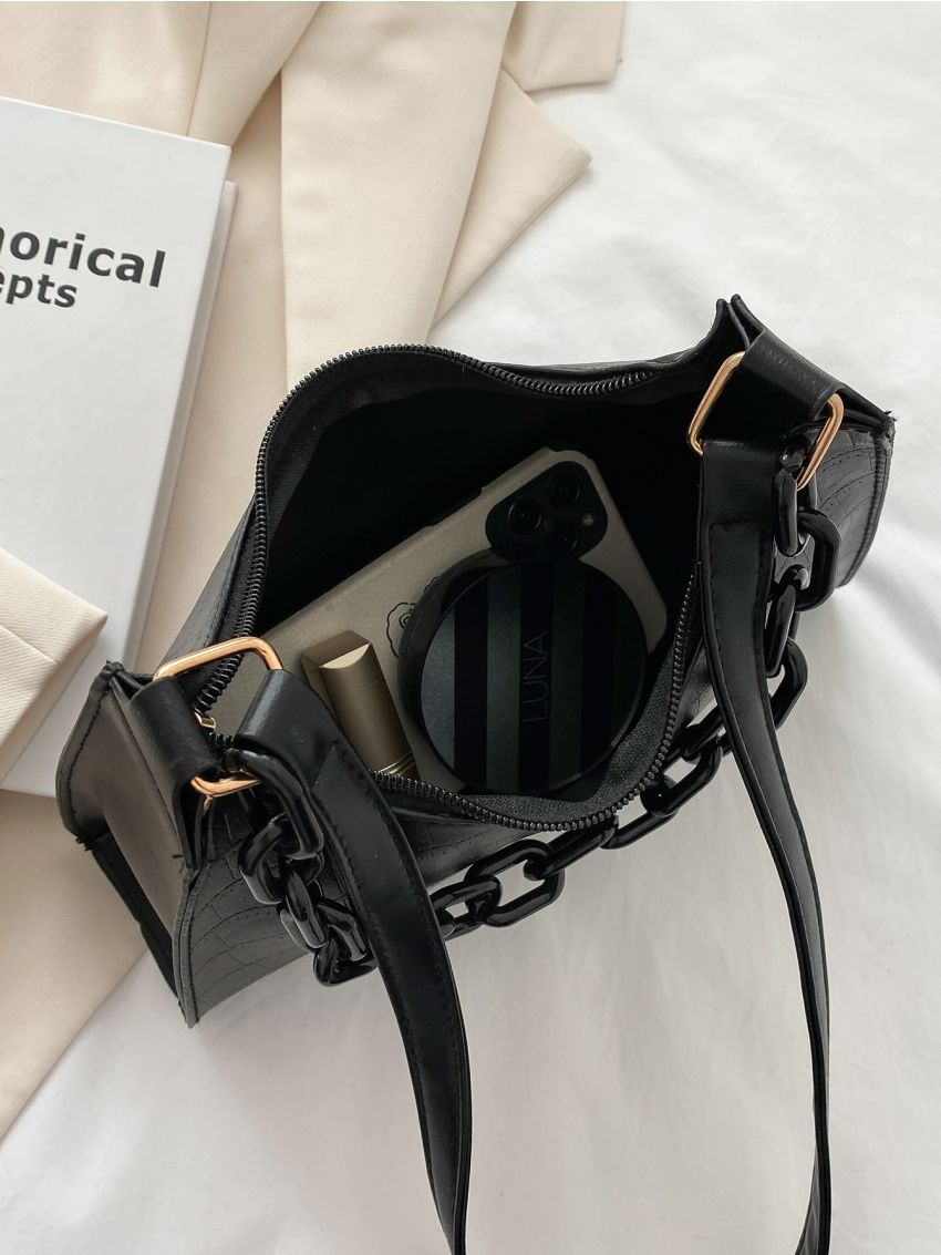 Minimalist Chain Decor Croc Embossed Baguette Bag