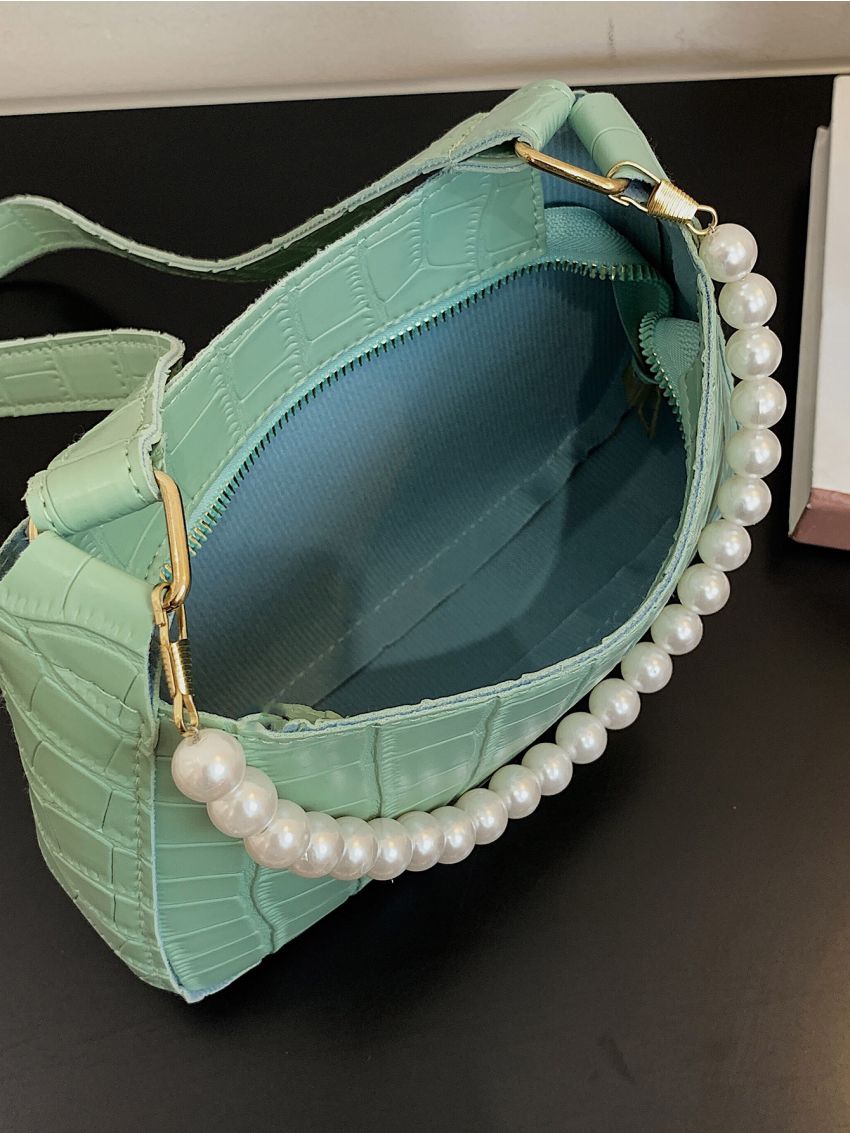 Pearls Decor Croc Embossed Square Bag