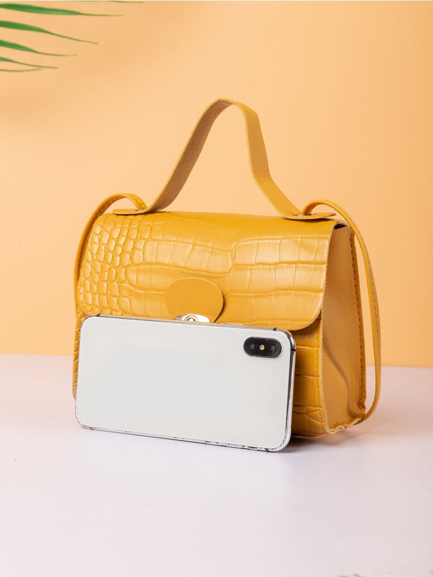 Mini Croc Embossed Push Lock Satchel Bag