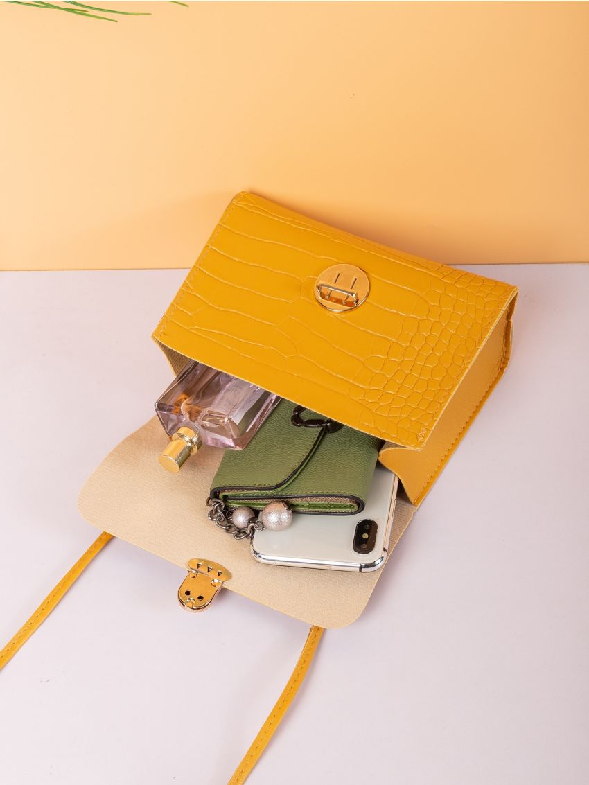 Mini Croc Embossed Push Lock Satchel Bag