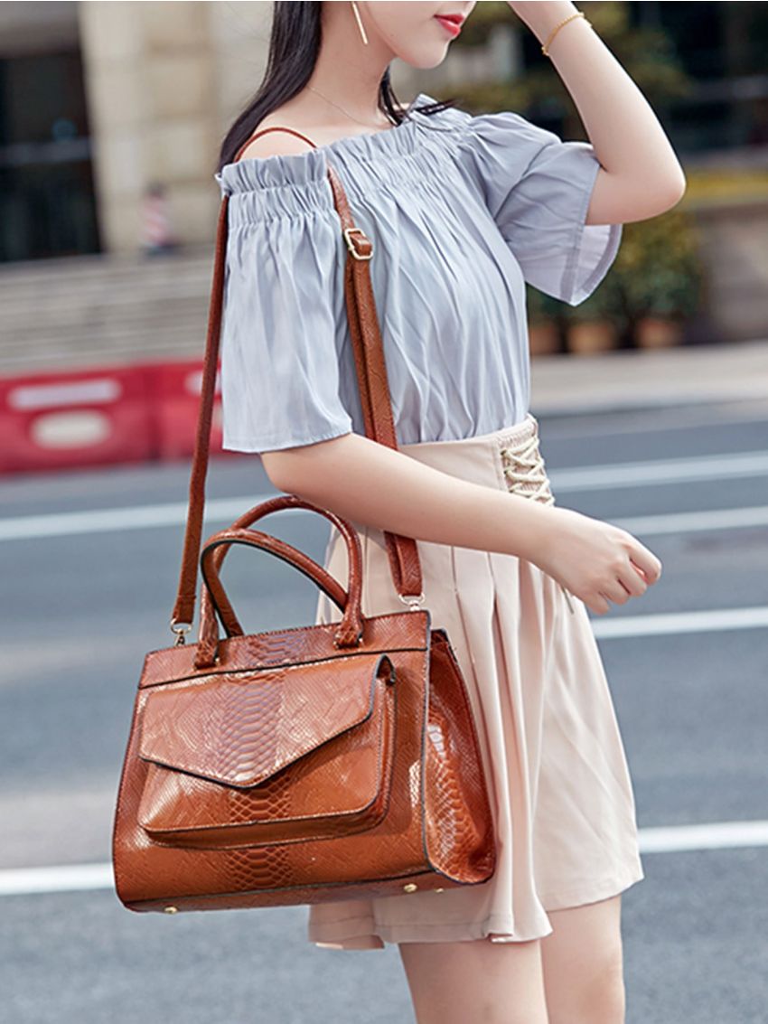 Snakeskin Embossed Flap Pocket Front Top Handle Bag