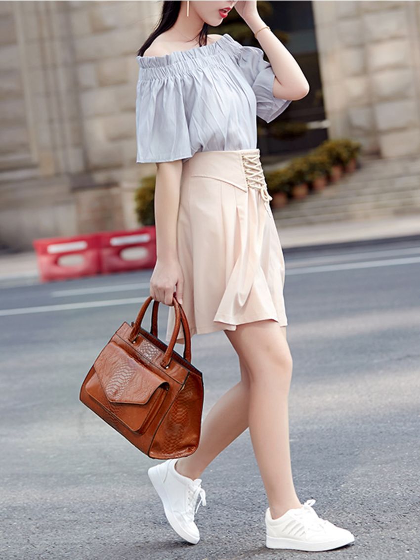 Snakeskin Embossed Flap Pocket Front Top Handle Bag