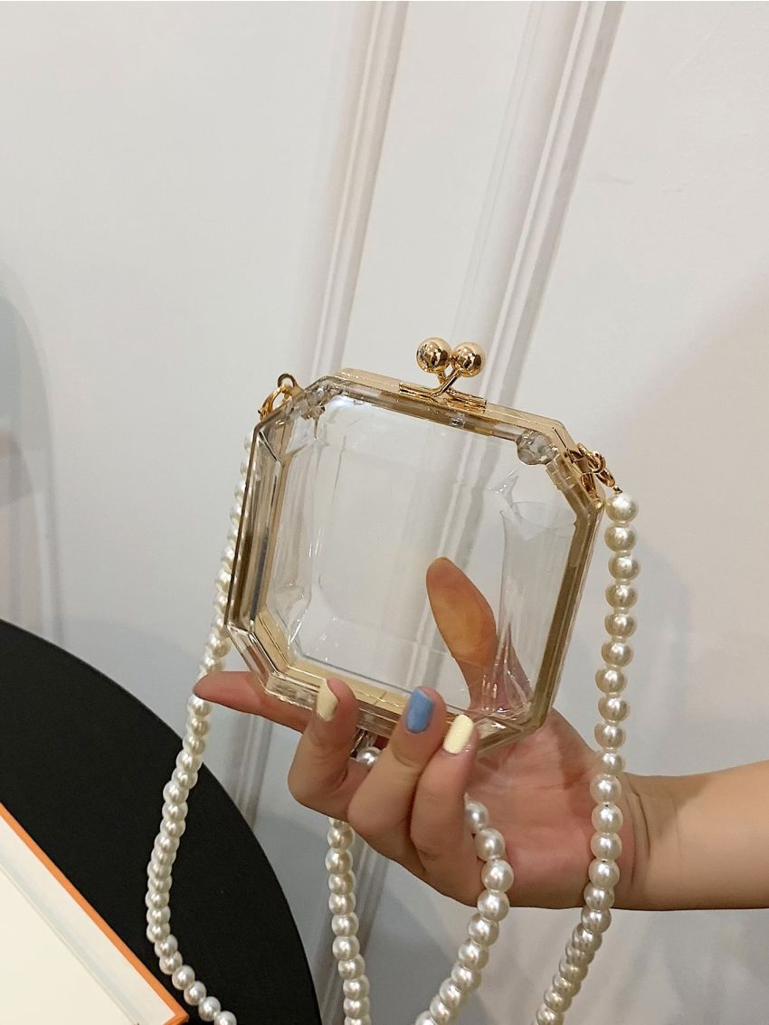 Mini Clear Faux Pearls Chain Box Bag