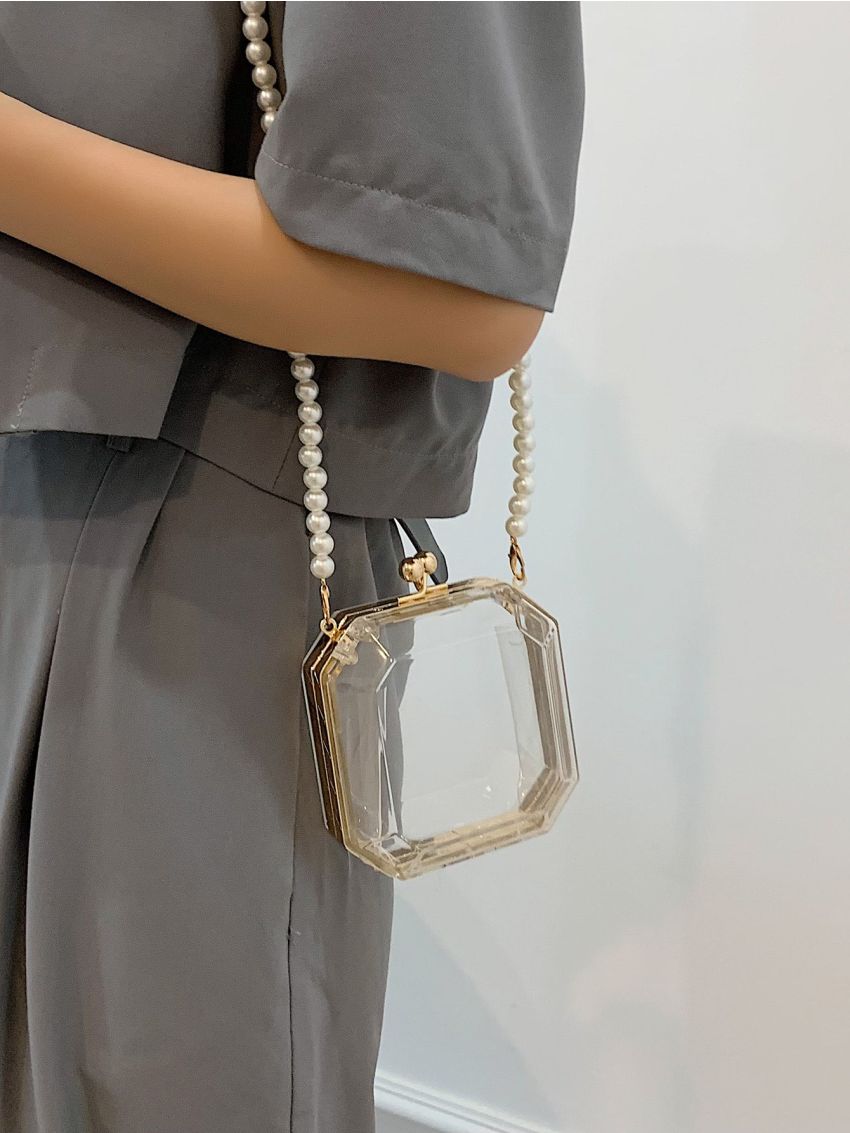 Mini Clear Faux Pearls Chain Box Bag