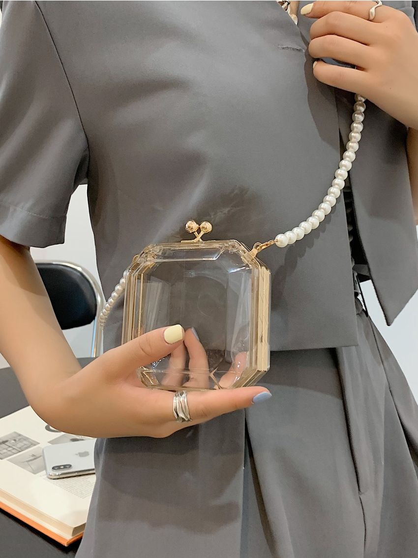 Mini Clear Faux Pearls Chain Box Bag