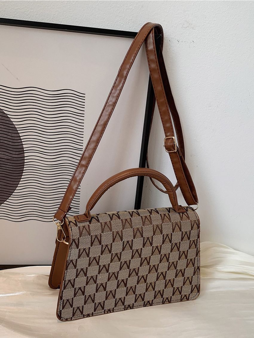 Letter Graphic Flap Satchel Bag