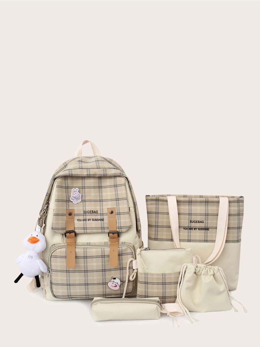 5pcs Cartoon Decor Plaid Pattern Backpack Set