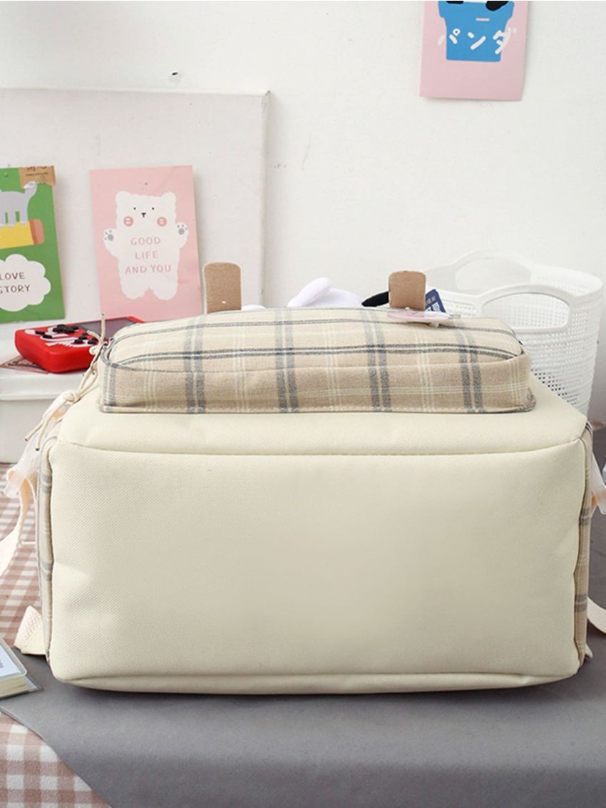 5pcs Cartoon Decor Plaid Pattern Backpack Set