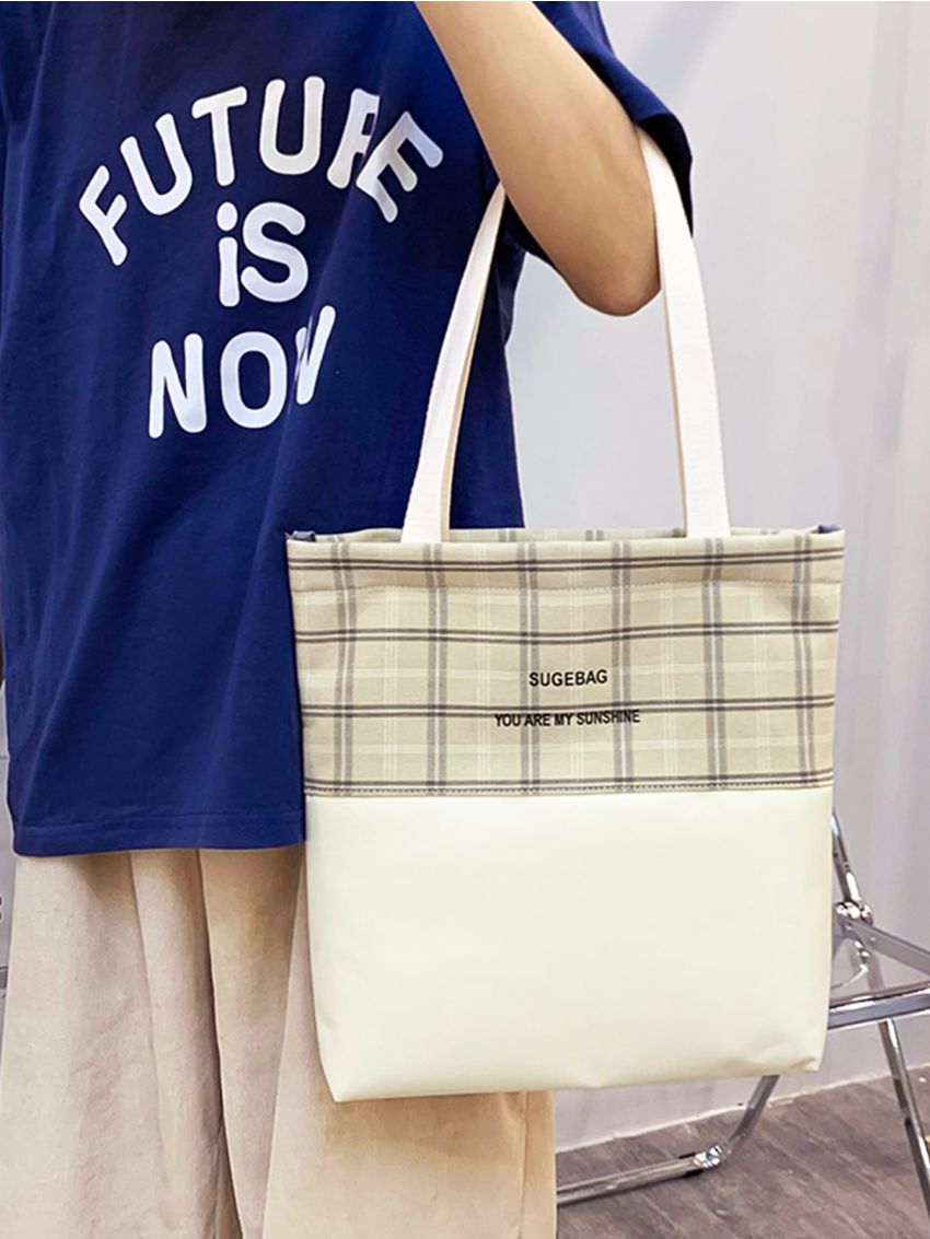 5pcs Cartoon Decor Plaid Pattern Backpack Set