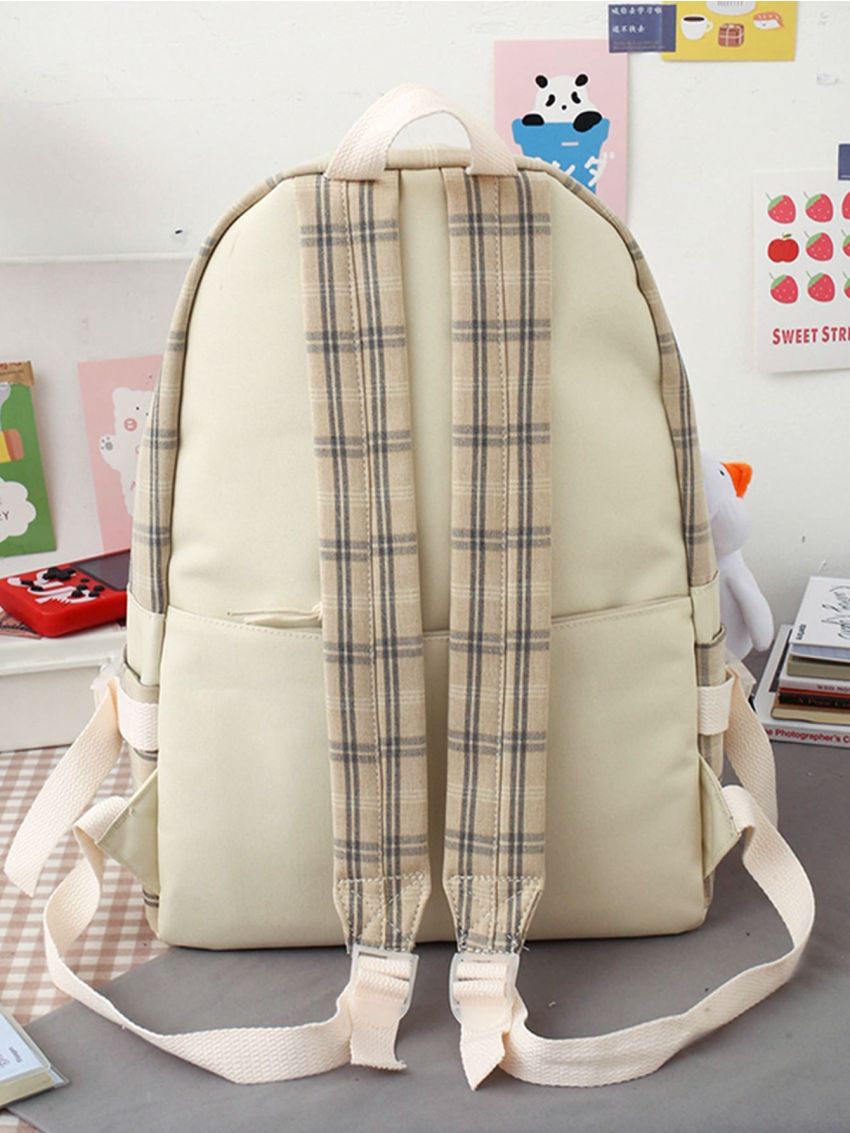 5pcs Cartoon Decor Plaid Pattern Backpack Set