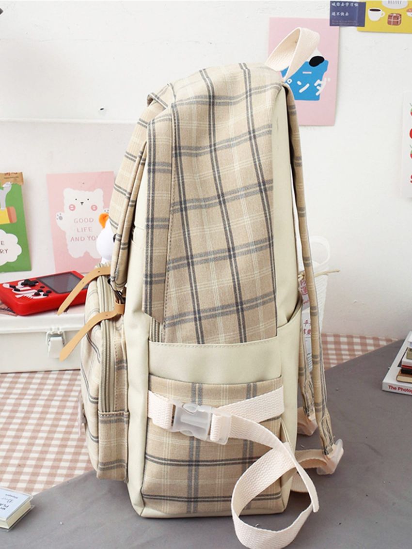 5pcs Cartoon Decor Plaid Pattern Backpack Set