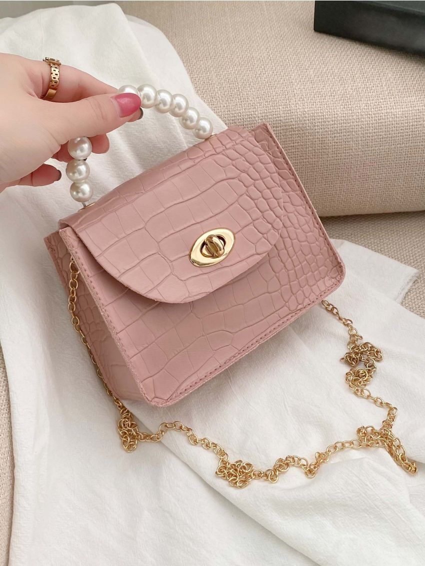 Pearl Decor Croc Embossed Chain Square Bag