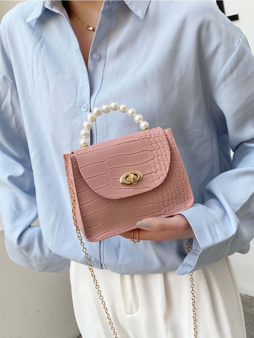 Pearl Decor Croc Embossed Chain Square Bag