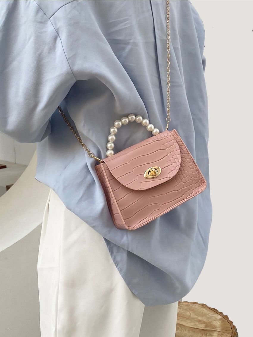 Pearl Decor Croc Embossed Chain Square Bag