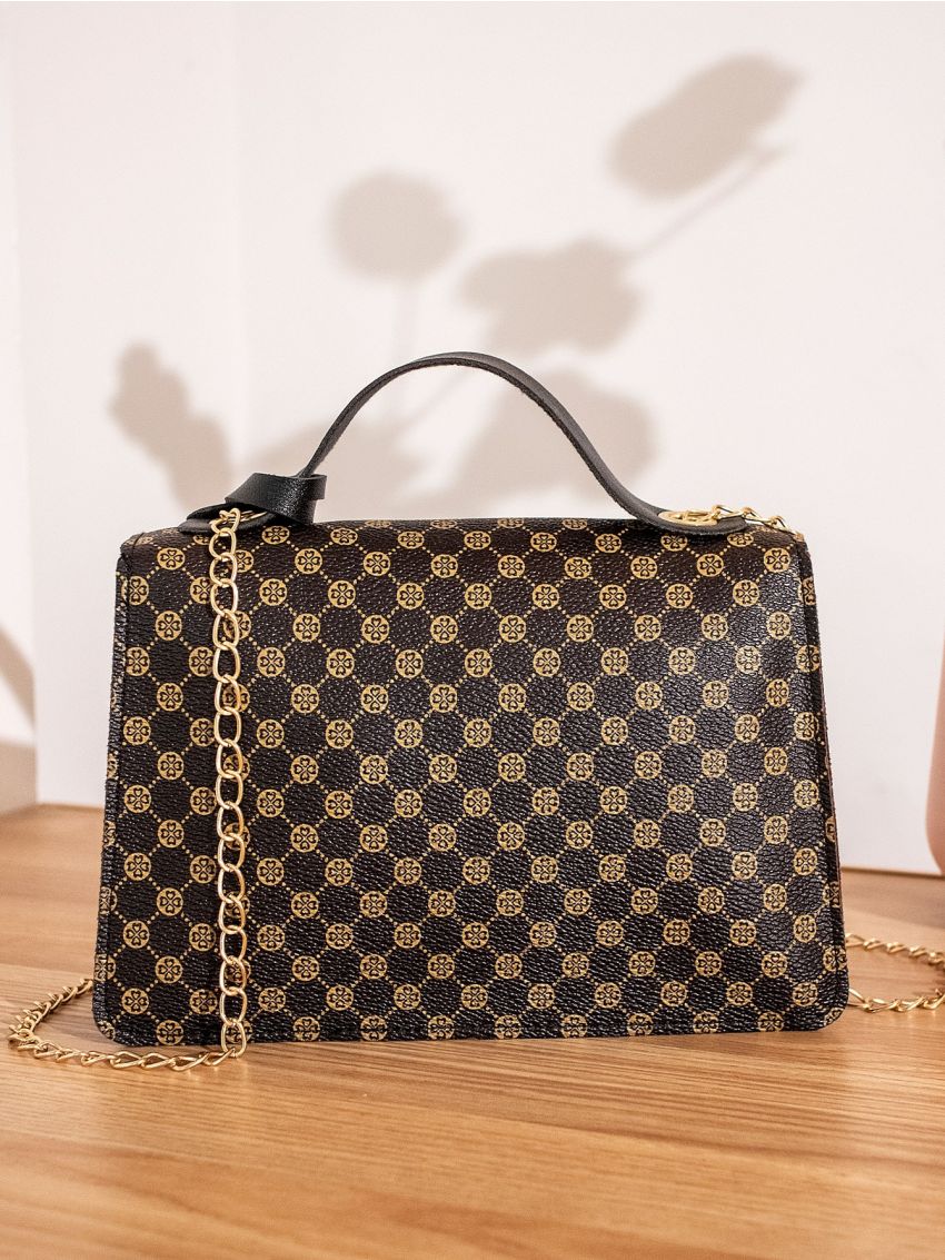 Graphic Print Tassel Decor Chain Satchel Bag