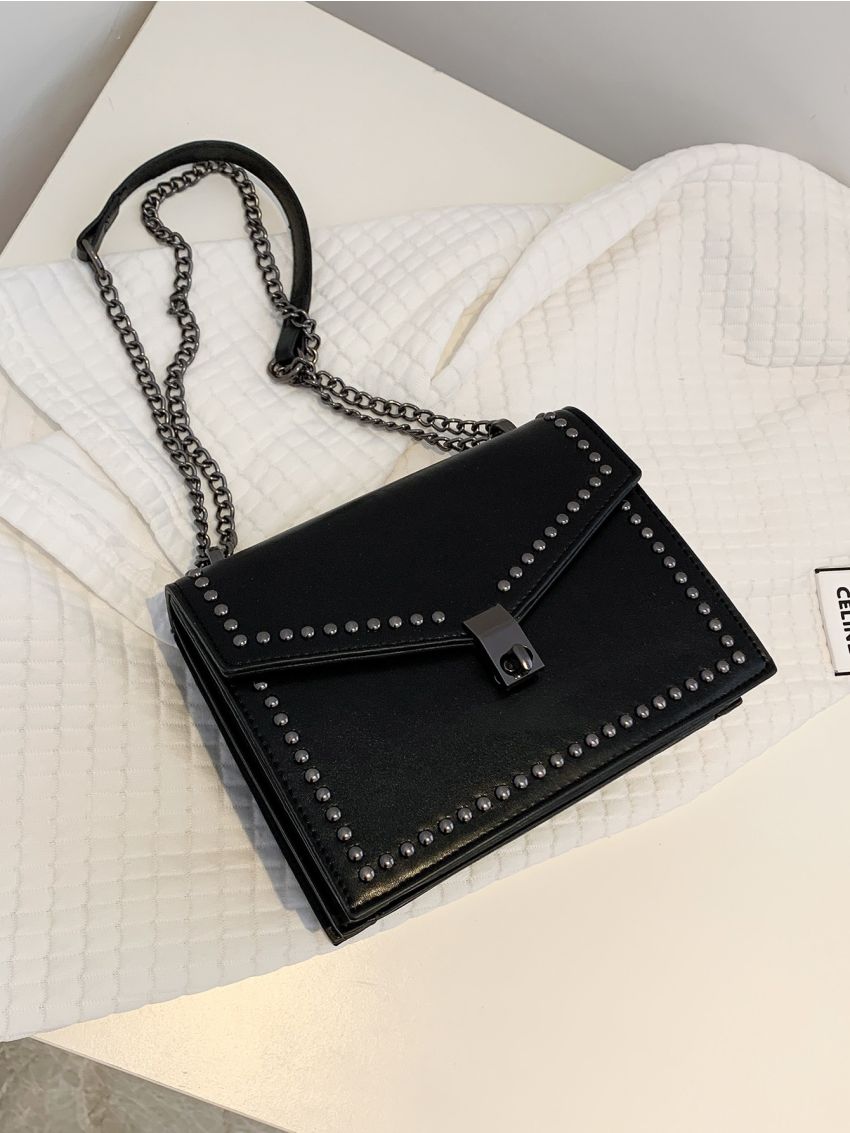 Studded Decor Flap Chain Shoulder Bag