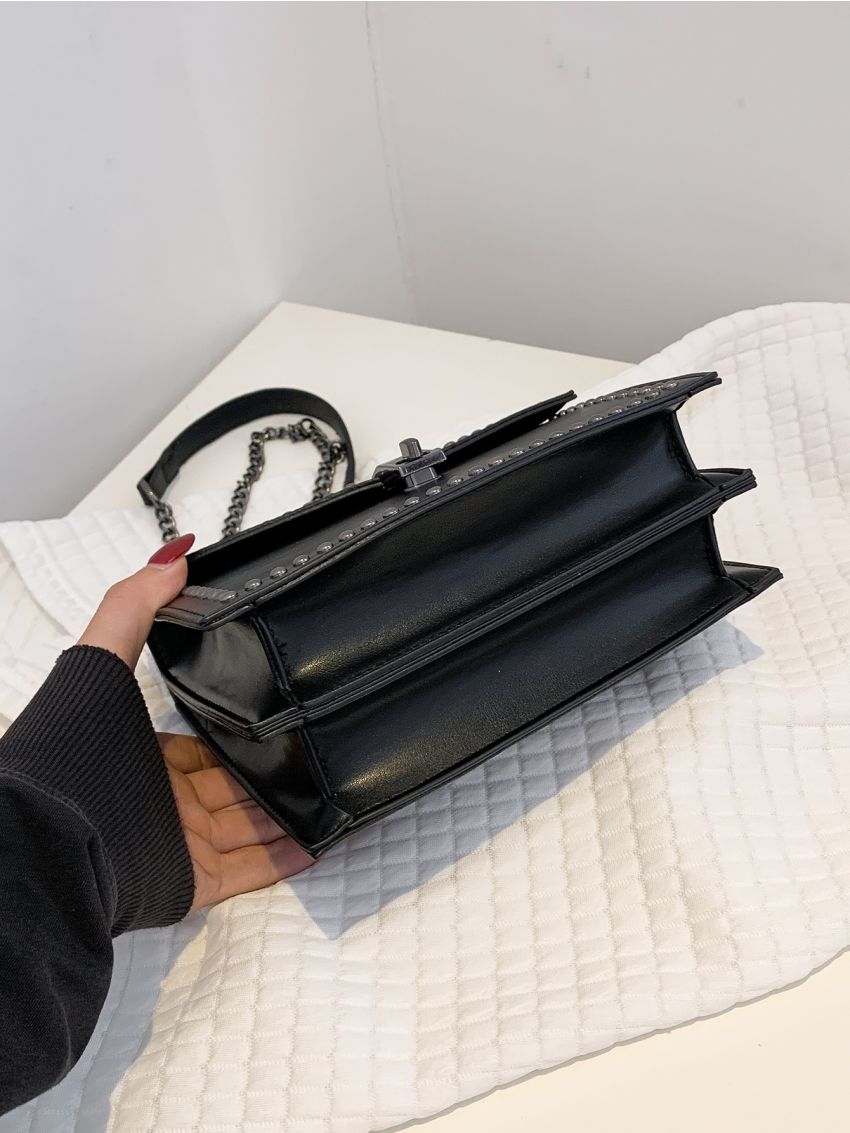 Studded Decor Flap Chain Shoulder Bag