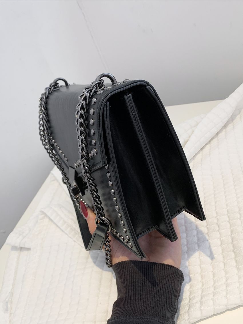 Studded Decor Flap Chain Shoulder Bag
