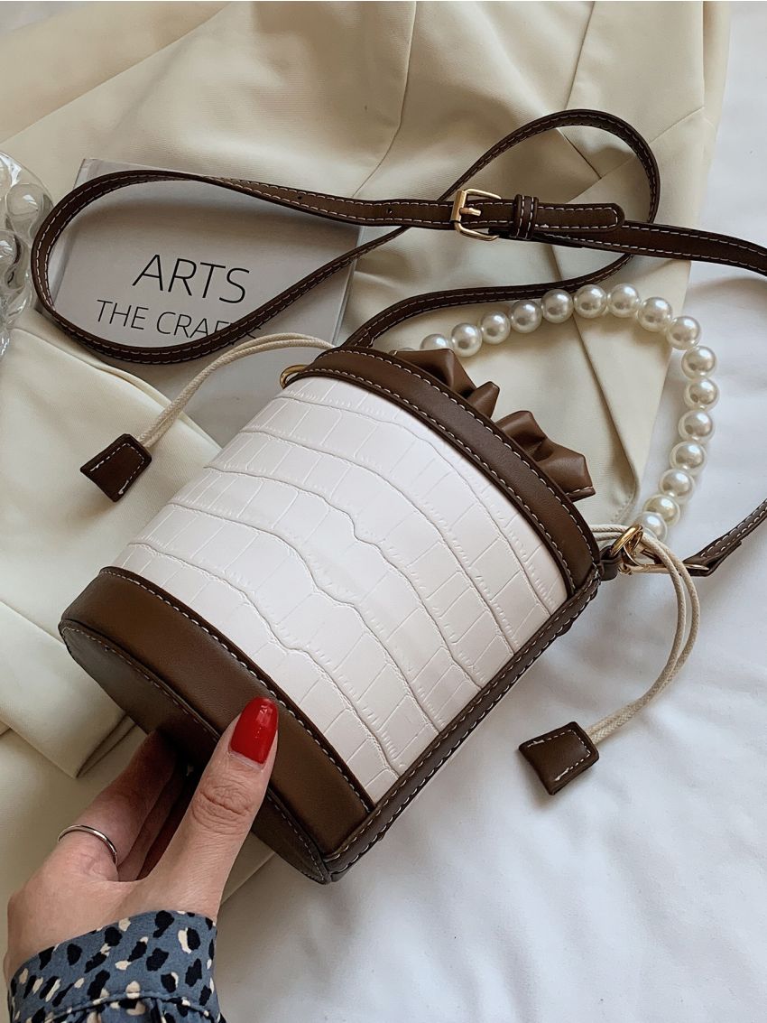 Mini Croc Embossed Faux Pearl Decor Bucket Bag