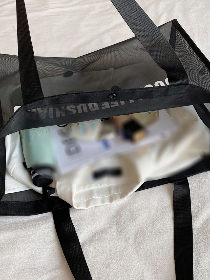 Letter Graphic Mesh Panel Shoulder Tote Bag