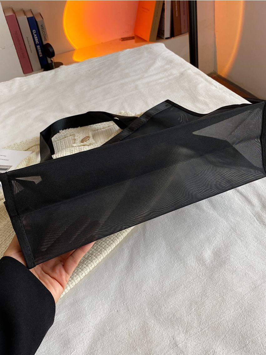 Letter Graphic Mesh Panel Shoulder Tote Bag
