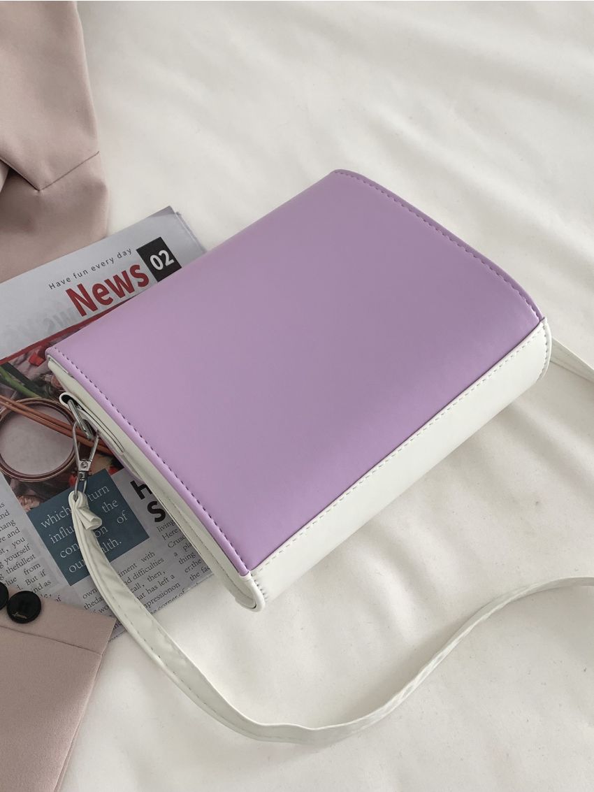 Cartoon & Letter Embroidered Two Tone Flap Square Bag