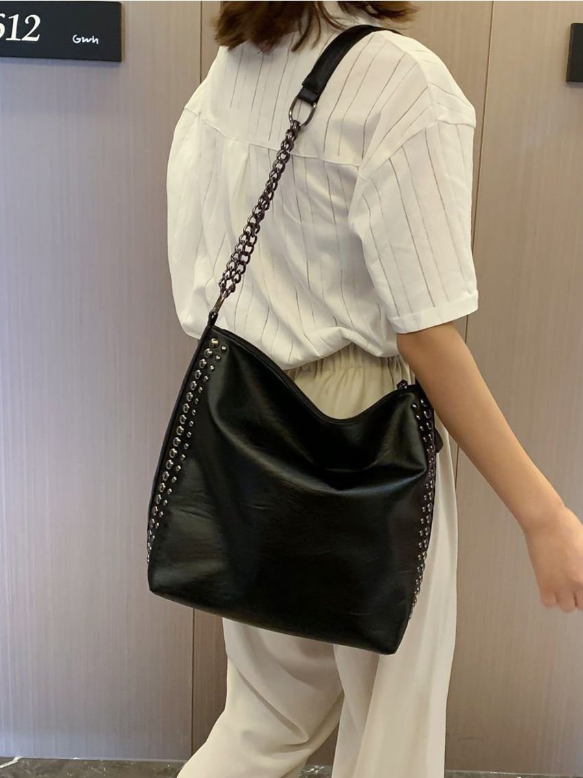 Studded Decor Large Capacity Bucket Bag