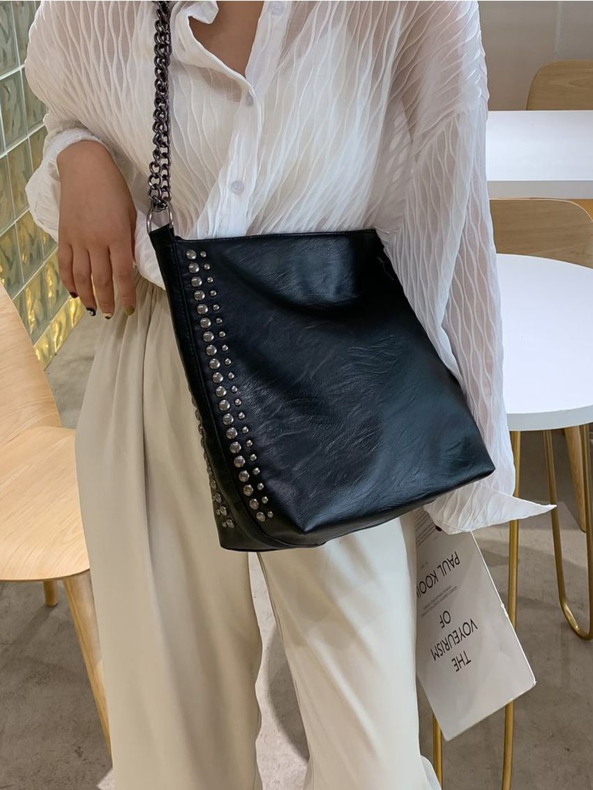 Studded Decor Large Capacity Bucket Bag