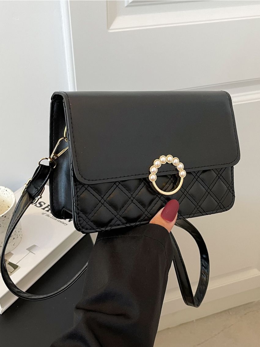 Mini Faux Pearl Decor Quilted Crossbody Bag
